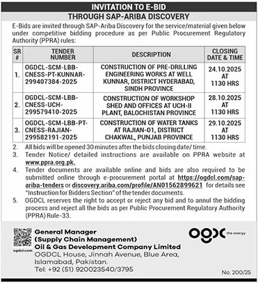 Oil & Gas Development Company Limited Islamabad Tender Notice